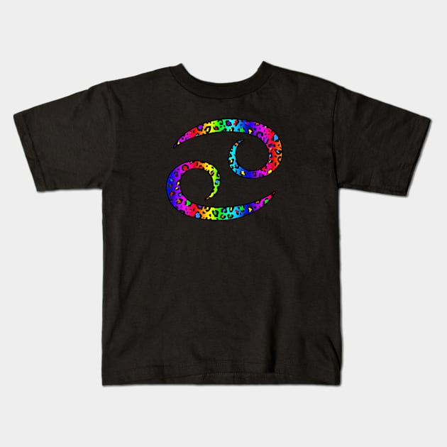 Cancer Zodiac Horoscope Symbol in Dark Rainbow Leopard Print Kids T-Shirt by bumblefuzzies